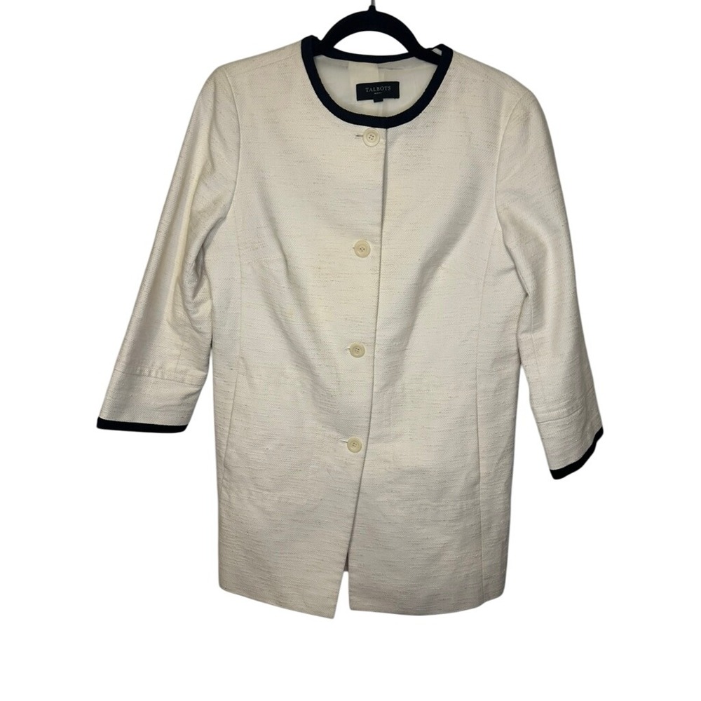 Talbots Petites Women's Textured Collarless Jacket‎ Cream Black Trim Size 12P